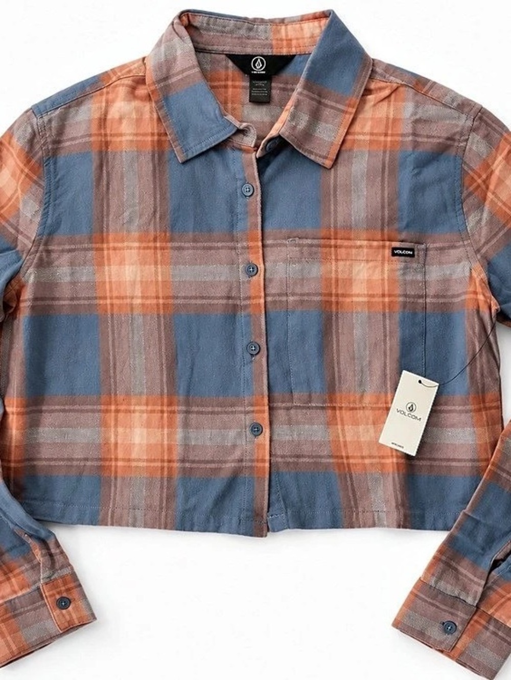 Volcom Plaid Cropped Button Down in Blue & Orange